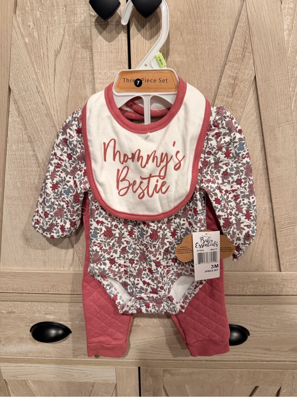 Baby Essentials Floral Bib & Quilted Pant Set in Rose